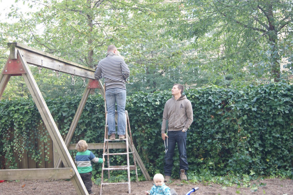 Så tages stigen i brug for en inspektion af toppen af gyngestativ.